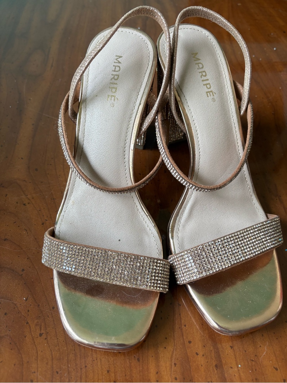 Maripe Metallic Rose Gold Rhinestone Slingback Heels